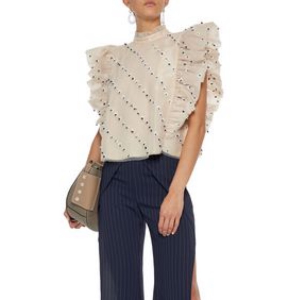 GANNI Rosenfeld Cropped Foral-appliquéd Ruffled Mesh Blouse In Beige